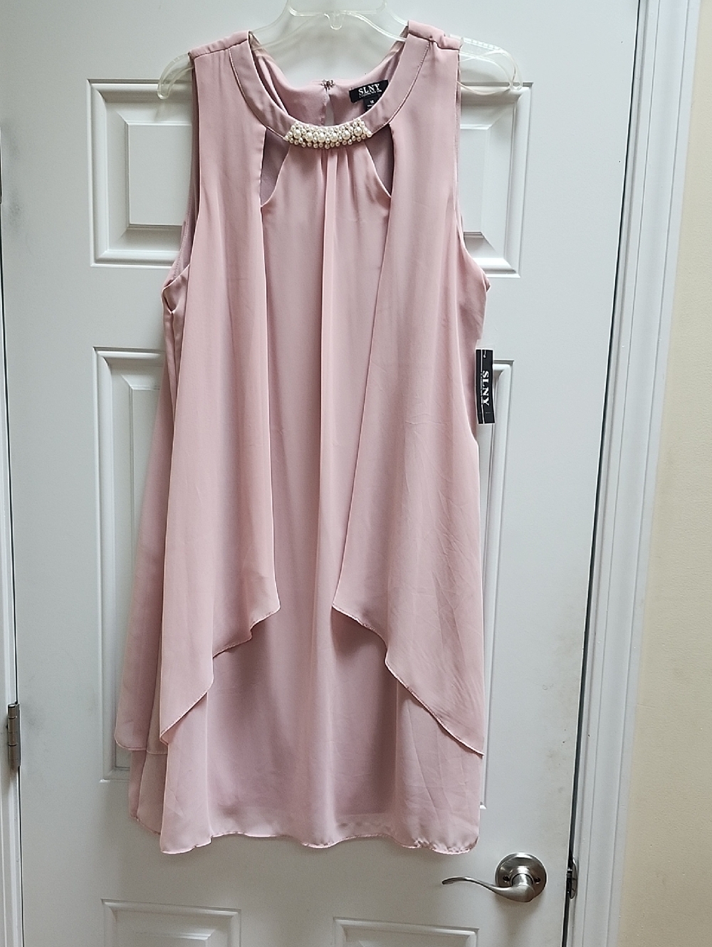 SLNY Blush Pink Layered Chiffon Dress with Beaded Collar